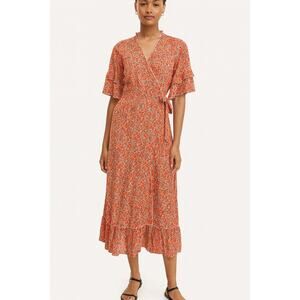 M.A.B.E SZ L Tiered Floral Maxi Wrap Dress Metallic Throughout Orange Blue Gold